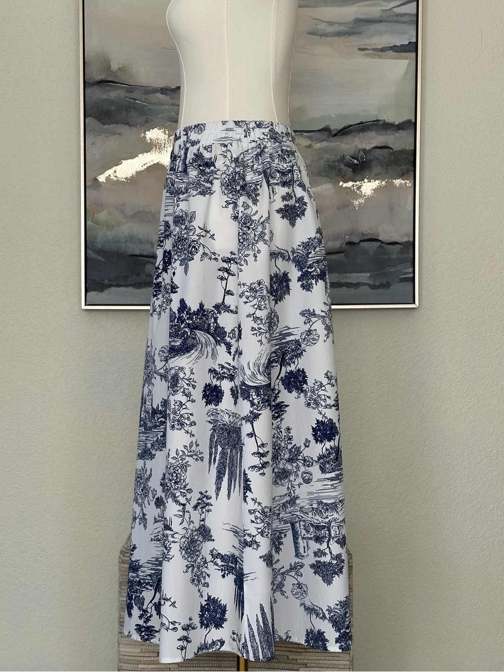 Harlow & Rose Romantic Toile Print Blue - White Maxi Skirt Cottagecore Size: S - Picture 2 of 16